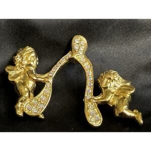 Angles Cherubs Brooch Pin By Kirks Folly Angels Wishbone Gold Tone & Rhinestones